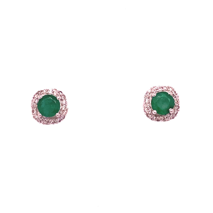 10k White Gold Round Emerald Diamond Halo Earrings