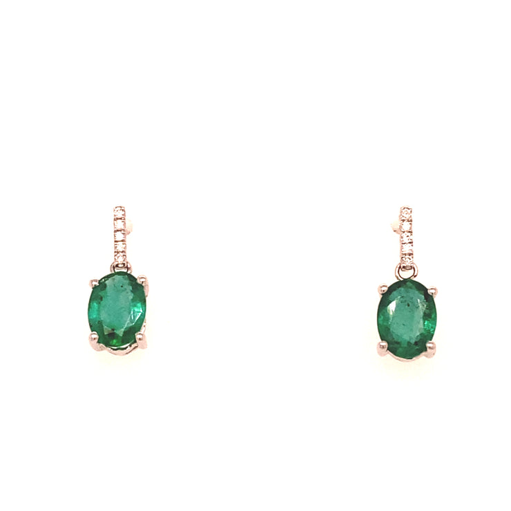 14k White Gold Oval Emerald Diamond Halo Stick Earrings